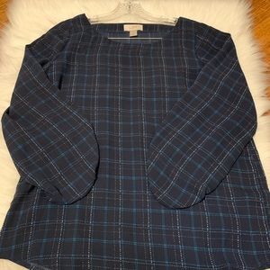 Loft Navy Blue Plaid 3/4 Balloon Sleeve Shirt